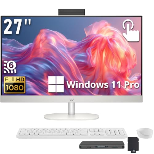 Image of HP 27 inch FHD Touchscreen All-in-One Desktop, AMD Ryzen 5 7520U, 16GB LPDDR5, 3TB Storage (2TB SSD+1TB Docking Station), Wireless Keyboard & Mouse, FHD IR Camera, Wi-Fi 6, Windows 11 Pro, White