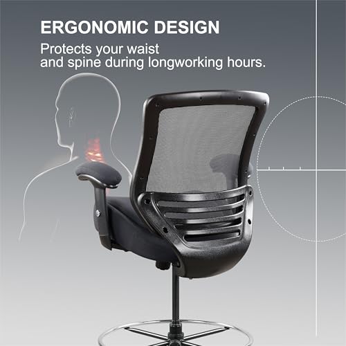 Image of 400lbs Office Drafting Chair Wide Dual Seat Cushion Height Adjustable Armrest for High Standing Desk with Lumbar Support and Enlarged Adjustable Footrest (Black Frame Gray Fabric)