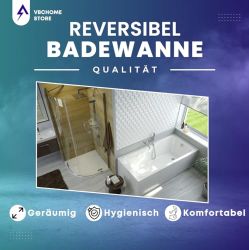 VBChome Badewanne 170 x 80 cm Weiß Acryl SET Wannenträger Siphon Wanne Rechteck Design Modern Styroporträger Ablaufgarnitur in Chrom 170x80 cm