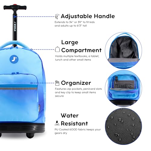 Image of J World Sunrise Kids Rolling Backpack with Wheels for Girls Boys, Roller Bookbag for School, 18 x 13 x 9 Inches, Blue Gradient