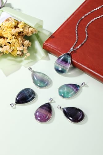 Jovivi Rainbow Fluorite Crystal Teardrop Pendant Necklace Natural Healing Stone Reiki Quartz Gemstone Necklace Jewelry for Women Men3