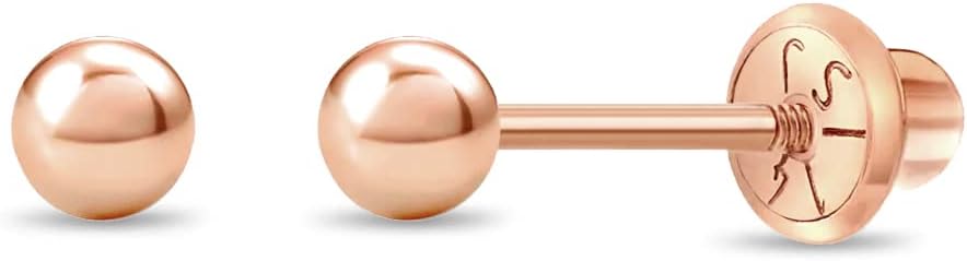 14k Rose Gold Girl's Ball Stud Screw Back Earrings for Toddlers & Young Girls - Small Classic Ball Stud Earrings for Young Kids & Preteens - Simple & Elegant Earrings for Children