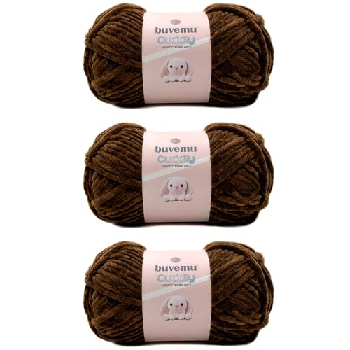 Image of Cuddly Velvet Chenille Yarn, Super Soft Fluffy Bulky for Knitting Crocheting Blanket Amigurumi, Durable for Shedding, 100 Gram (3.53 Ounces) 109 Yards (100 Meters) (Coffee) (3 Skeins)