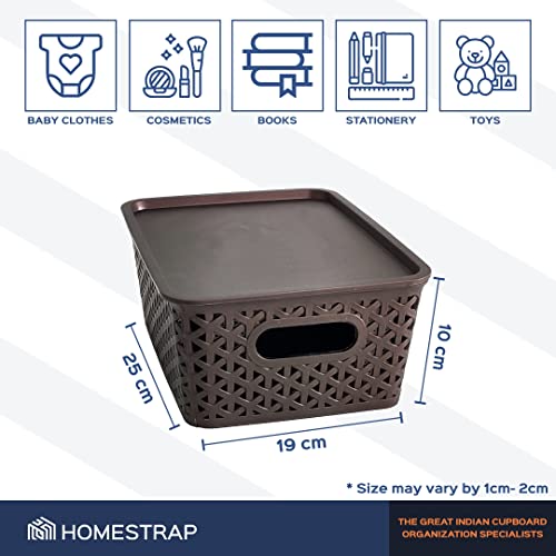 Image of Homestrap Set of 3 Plastic Storage Organizers /Baskets With Lid For Kitchen, Clothes, Multipurpose Vegetables, Toys, Books, office, Stationery, Wardrobe (Small|Brown) Rectangular