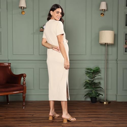 Image of MomToBe Women's Bodycon Calf Length Polyester Maternity Dress for Pre and Post Pregnancy