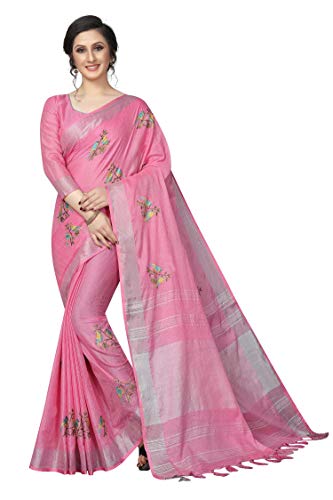 PERFECTBLUE Women`s Linen saree with Blouse Piece(LinenLoveBird) (Pink)
