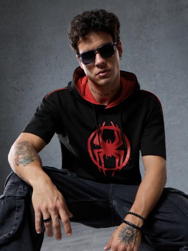 Image of The Souled Store Official Spider-Man: Saving The Spider-Verse Mens Regular Fit Half Sleeve Graphic Printed Cotton Black Color Hooded T-Shirt Men's T-Shirts Graphic Tees Casual Fashion