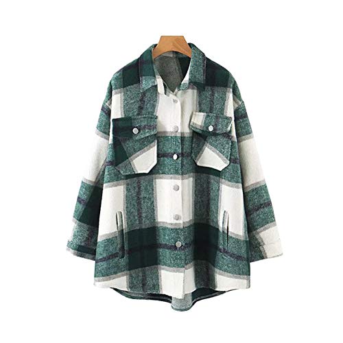 Womens Casual Flannel Wool Blend Plaid Lapel Button Down Long Sleeve Shacket Jacket Coat Winter Loose Oversize Shirts (Green, X-Large)