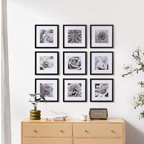 eletecpro 12x12 Picture Frames Set of 9 with Mat for 8x8 Photos or without Mat for 12x12, Square Gallery Wall Decor Collage for Picture Display, Black Frame Set for Wall Hanging eletecpro 12x12 Picture Frames Set of 9 with Mat for 8x8 Photos or without Mat for 12x12, Square Gallery Wall Decor Collage for Picture Display, Black Frame Set for Wall Hanging