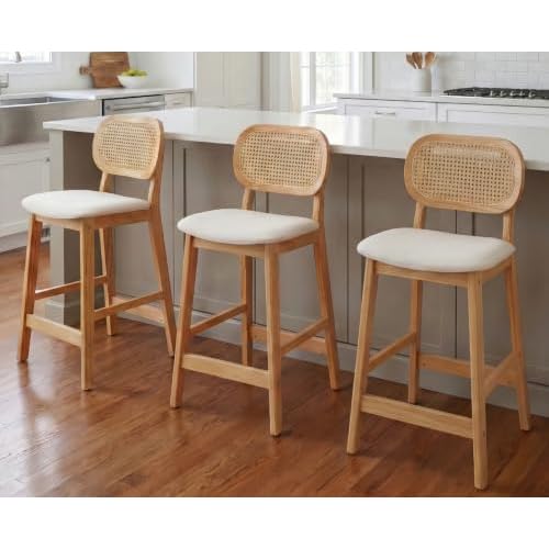 HNY Rattan Counter Height Bar Stools Set of 3, Wood Farmhouse Barstools, Modern Upholstered Boho Bar Chairs with Back for Kitchen Island/Dining Room/Pub, Beige Linen, 26"