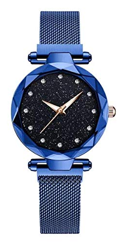 Preisvergleich Produktbild Alcentis sehr schöne und elegante Milanaise-Armbanduhr für Damen Himmelblau Magnetisches Armband aus Edelstahl mit blauem Netzgewebe 12 kleine Brillanten wasserdichte Quarzuhr