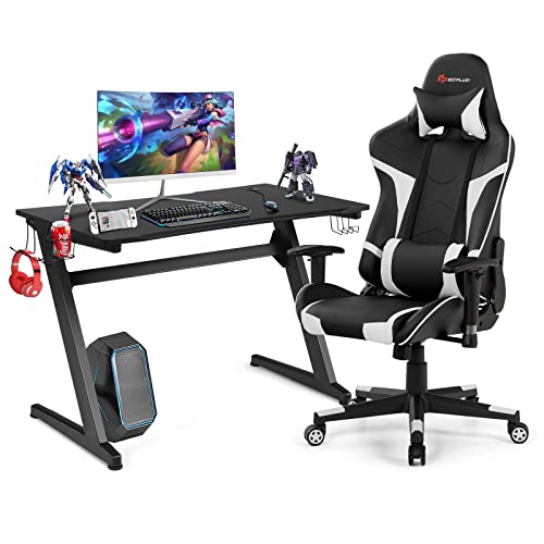 Goplus Gaming Desk & Chair Combo Set, Racing Style Home Office Desk w/Cup Holder, Headphone Hook & Mouse Pad,Ergonomic E-Sport Computer Desk Furniture w/Massage Lumbar Support