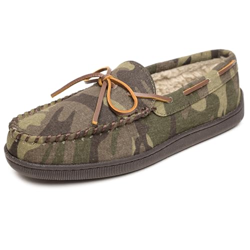 Minnetonka Hardsole Pile-Lined Moccasin Slippers for Children, Green Camo Print, 9 M