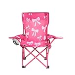 OHS Pink Bow Kids Camping Chair, Kids Garden Chair with Drinks Cup Holder Lightweight Compact Comfy Steel Frame Kids Garden Furniture Folding Chairs Perfect for Camping Trips Beach