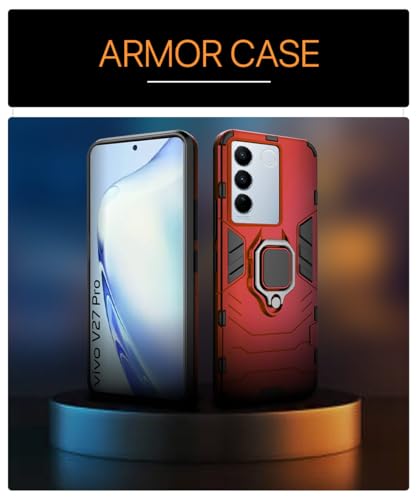 Image of WOW IMAGINE Shock Proof Back Case Mobile Cover for Vivo V27 | V27 Pro 5G (Tough Armor | Hybrid PC + TPU | Full Protection with Ring Holder & in-Built Kickstand | Red)