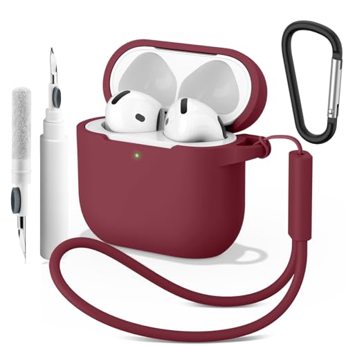Wanme Cover per AirPods 4 2024 Case con Penna Pulita, Custodia Protettiva in Morbido Silicone per AirPods 4 con Moschettone e Corda Sospesa, LED Visibile