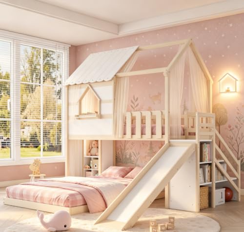 Image of Bellemave Bunk beds Twin Over Full with Slide,Storage Staircase,House roof Design,Low bunk /loft Bed for Kids,Beige