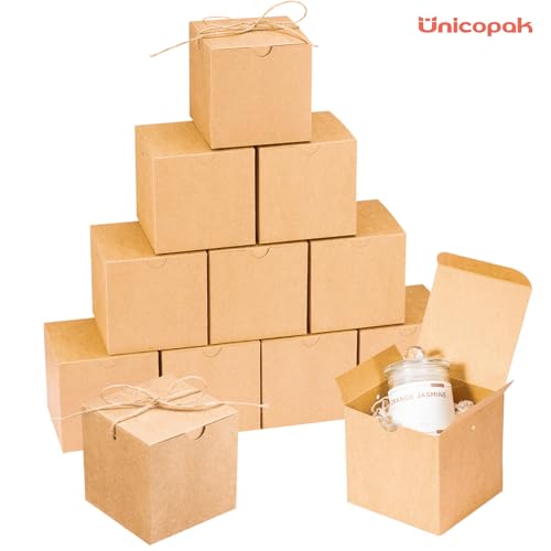 UnicoPak 10 Pack 4x4x4 Small Brown Gift Boxes with Lids & Twine - Premium USA Kraft Cardboard - Pop-Up Easy Assembly Gift Boxes for Presents, Candles, Mugs, Ornaments, Favors
