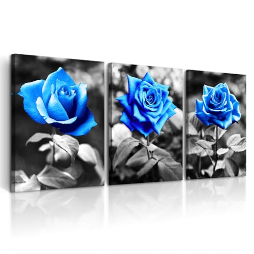 DZRWUBHS Large Wall Art For Living Room Wall Decor For Kitchen Black And White Canvas Prints Pictures Artwork Blue Rose Flowers Wall Paintings Modern Office Bedroom Room Home Decorations 3 Pieces