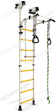 Kids Playground for The Floor - Ceiling/Indoor Gym Training Sport Set with Trapeze Bar Swing, Climber, Climbing Jump Rope, Gymnastic Rings/Suit for Backyard, School and Playroom/Comet 5 (White)