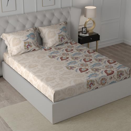 Image of Cloth Fusion Glace Cotton Elastic Fitted Bedsheet for Double Bed with 2 Pillow Covers (78X60 inches, Beige Floral)