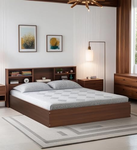Image of Mintwud Pepperfry Solid Engineered Wood Seto Queen Size Bed with Box & Headboard Storage | Space Saving Wooden Palang | Suitable Furniture for Living Room, Bedroom, Hotel (Planked Walnut Finish)
