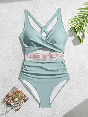 Image of B2prity Women's One Piece Swimsuit Tummy Control High Waisted Bathing Suit | Color Block,Removable Soft Cups,Cutout,V neck,Full Coverage,Adjustable Criss Cross Straps,Tie Back