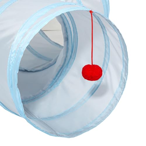 Image of Tempcore Cat Tunnel for Indoor Cats, 3 Way Collapsible Pet Play Tunnel with Teaser Wand, Peek Holes & Hanging Ball, Interactive Tube for Kittens & Rabbits, Light Grey&Blue