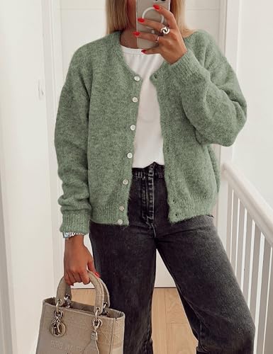 Image of Ynhonra Womens Cardigan Sweater Front Button Loose Y2k Long Sleeve Crewneck | Lightweight Knit Ribbed Hem