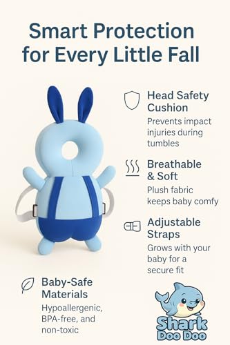 Image of Shark Doo Doo Bunny Shaped Blue Baby Head Protector Pillow - Infant Fall Protection Cushion | Soft Plush Safety Helmet with Adjustable Straps