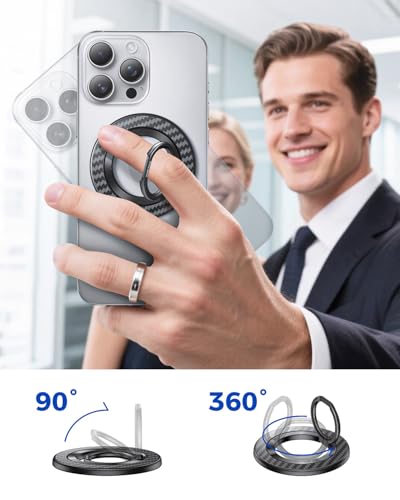 【360度回転】SYNCWIRE 両面マグネット MagSafe リング スマホリング 超强磁力 マグセーフ リング マグネット バンカーリング 超強力 薄型 角度調節可能 簡単着脱 iPhone 16 Pro Max 15 14 13 12 などに対応 アンドロイド 全機種対応 - Black Carbon Fiber