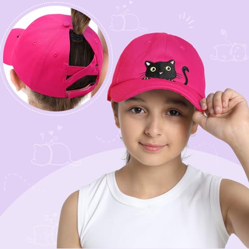Girls Criss Cross Ponytail Hat Black Cat Baseball Cap Kids Adjustable Cotton Hats Funny Embroidered Sun Hat Age 3-142