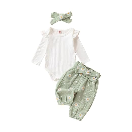 Kaipiclos Newborn Infant Girl Clothes Rib Knit Romper Daisy Print Pants Headband Baby Clothes for Girls 0 3 6 12 18 24 Months