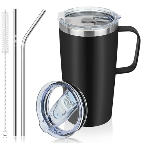 20oz Tumbler Straw Mug, Insulated Tumbler with Handle Straws & 2 Spillproof Lids, 304 Stainless Steel Double Wall Vacuum Insulated Coffee Travel Mug, Reusable Insulated Cup for Hot Cold Beverages (600ml)
