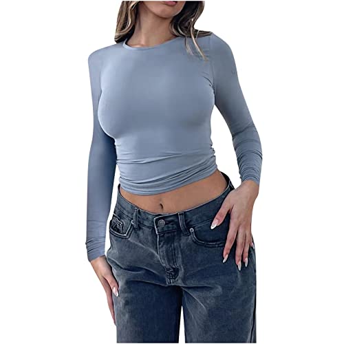Womens Cute Casual Y2K Tops Crop Long Sleeve Workout Tops Basic Trendy Crewneck Slim Fit Undershirts for Teen Girls