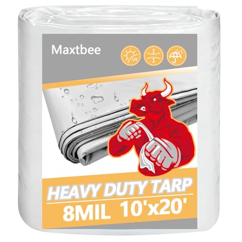 MAXTBEE 10x20 ft Large Tarps Heavy Duty Waterproof, 8 Mil Thick Durable UV Resistant Multipurpose Cover with Metal Grommets and Reinforced Edges, White Tarp for Pool, Outdoor Furniture, Farm, Boat