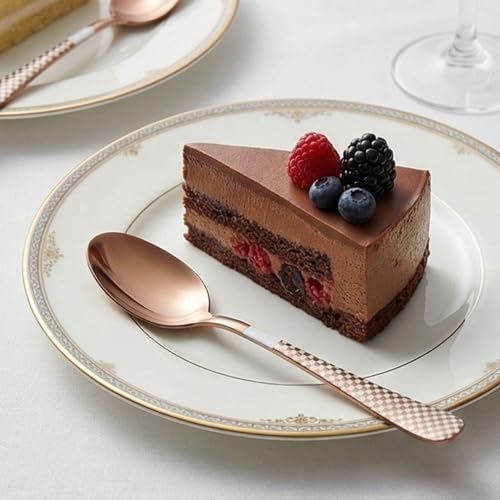 Image of 6.7 inch Rosegold Dessert Spoons Set of 5 with Checks Printed Handle ? Durable Stainless Steel Teaspoons, Mirror Polished Silverware Spoons, Perfect for Home, Restaurant, and Gifting