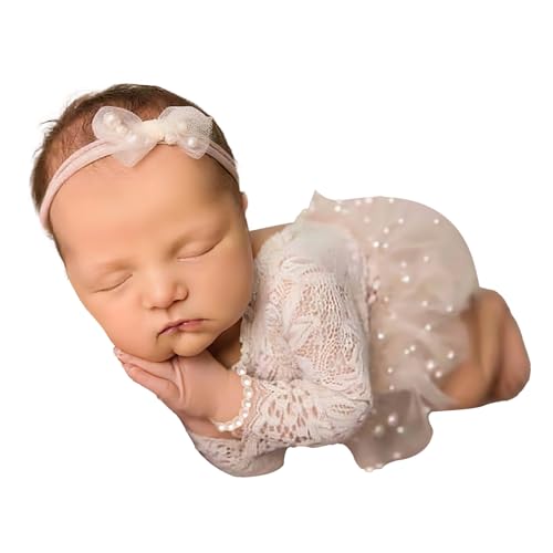 SPOKKI 5 Pcs Newborn Baby Cute Pearl Lace Rompers Photography Props with Tutu Skirt Pearl Headband Bracelet, White Newborn Photography Outfits Girl for Photoshoot