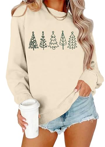 PICKID Christmas Sweatshirts for Women Embroidered Christmas Tree Shirt Xmas Tree Gift Casual Long Sleeve Pullover Tops, Apricot, S