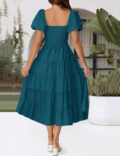 Image of ZESICA Women's 2026 Summer Puff Sleeve Midi Dress 2026 Boho Solid High Waist Flowy Beach Wedding Guest Long Dresses