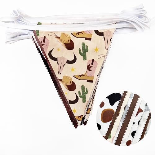 Image of 32Ft Western Cowboy Party Decorations Brown Cow Triangle Flag Fabric Banner Pennant Garland Streamers for Western Cowgirls Birthday Baby Shower Derby Day Yee Haw Farm Cow Wild West Party Decor