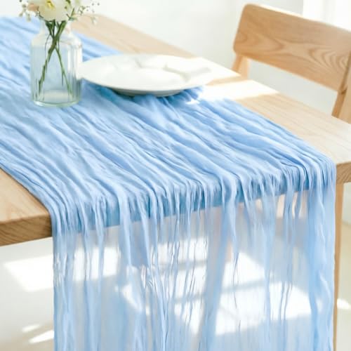 LINXTAR Light Blue Cheesecloth Table Runner 120 Inches 10Ft Gauze Summer Boho Table Runner for Wedding Tea Party Baby Shower Bridal Birthday Home Decoration