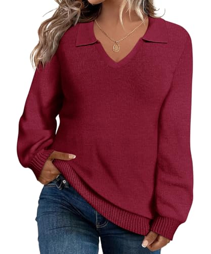 Image of CARCOS Plus Size Sweaters for Women Long Sleeve Pullover Sweaters Lapel Collared Vneck Knit Jumper Tops Fall Winter XL-5XL