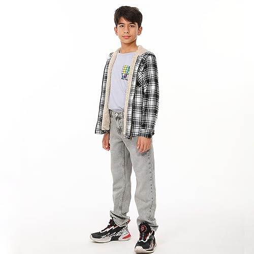 Image of ThCreasa Boys Plaid Flannel Jackets Sherpa Lined Zip Up Long Sleeve Warm Flannel Shirt with Hood
