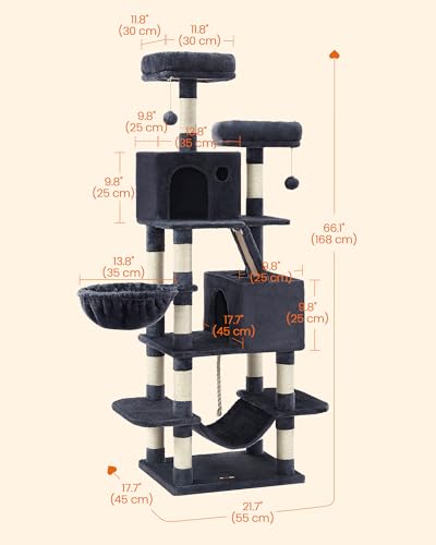 Image of Feandrea Cat Tree, 66.1-Inch Large Cat Tower, Multi-Level Condo, Smoky Gray