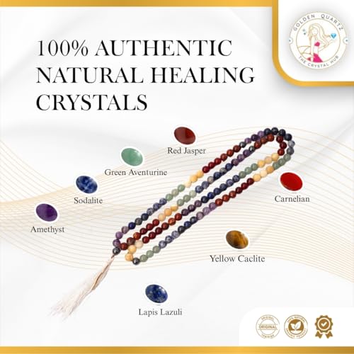 Image of 7 Chakra Mala Certified Natural Crystal Gemstone Prayer Bead 8mm 108 Beads Jap Mala for Meditation, Pooja, Chanting, Wearing with Certificate (8mm, 7 Chakra)