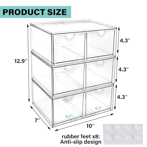 Image of Prsildan 6 Small Drawers Stackable Storage Drawer Clear Acrylic Organizer | Makeup Organizers, Vanity Bathroom Kitchen Cabinets Under Sink Home Organization, 3 Pack