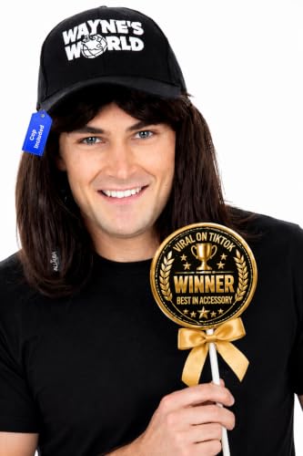 ALLAURA Compatible with Wayne’s World Wig and Hat – Black Mullet Wig with Wayne’s Cap for Men – 80s Rocker Costume, Heavy Metal Look, 1980s Party Outfit, Funny Halloween or Couples Costume Accessory