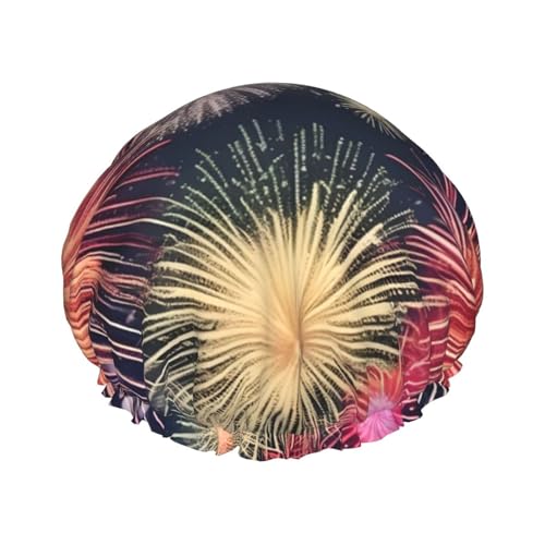 Hermoso gorro de ducha impermeable de doble capa de fuegos artificiales, ligero, portátil, suave, reutilizable