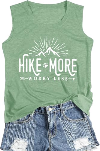 Jorlyen Women Hiking Camping Tank Tops Workout Shirts Hike More Worry Less Summer Tee Climbing Outdoor Activewear Letter Printed Tee Casual Sleeveless, Light Green L